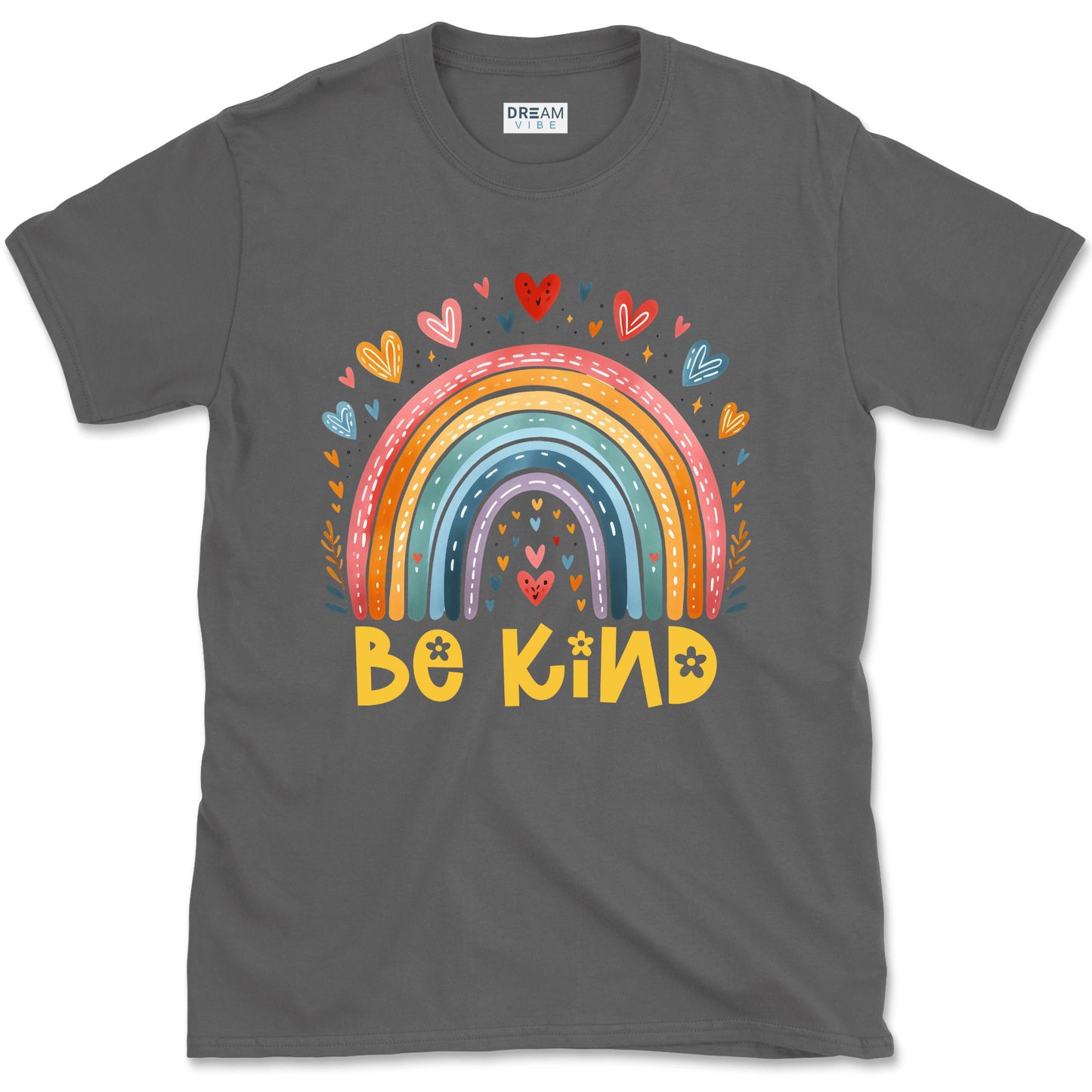 Be Kind Inspirational T-Shirt Design With Cute Rainbow With Hearts