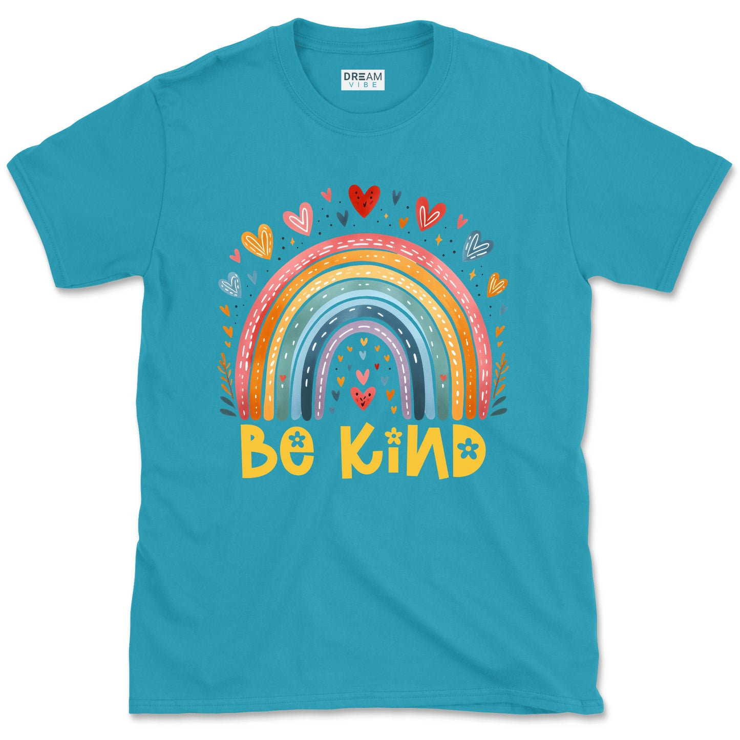 Be Kind Inspirational T-Shirt Design With Cute Rainbow With Hearts