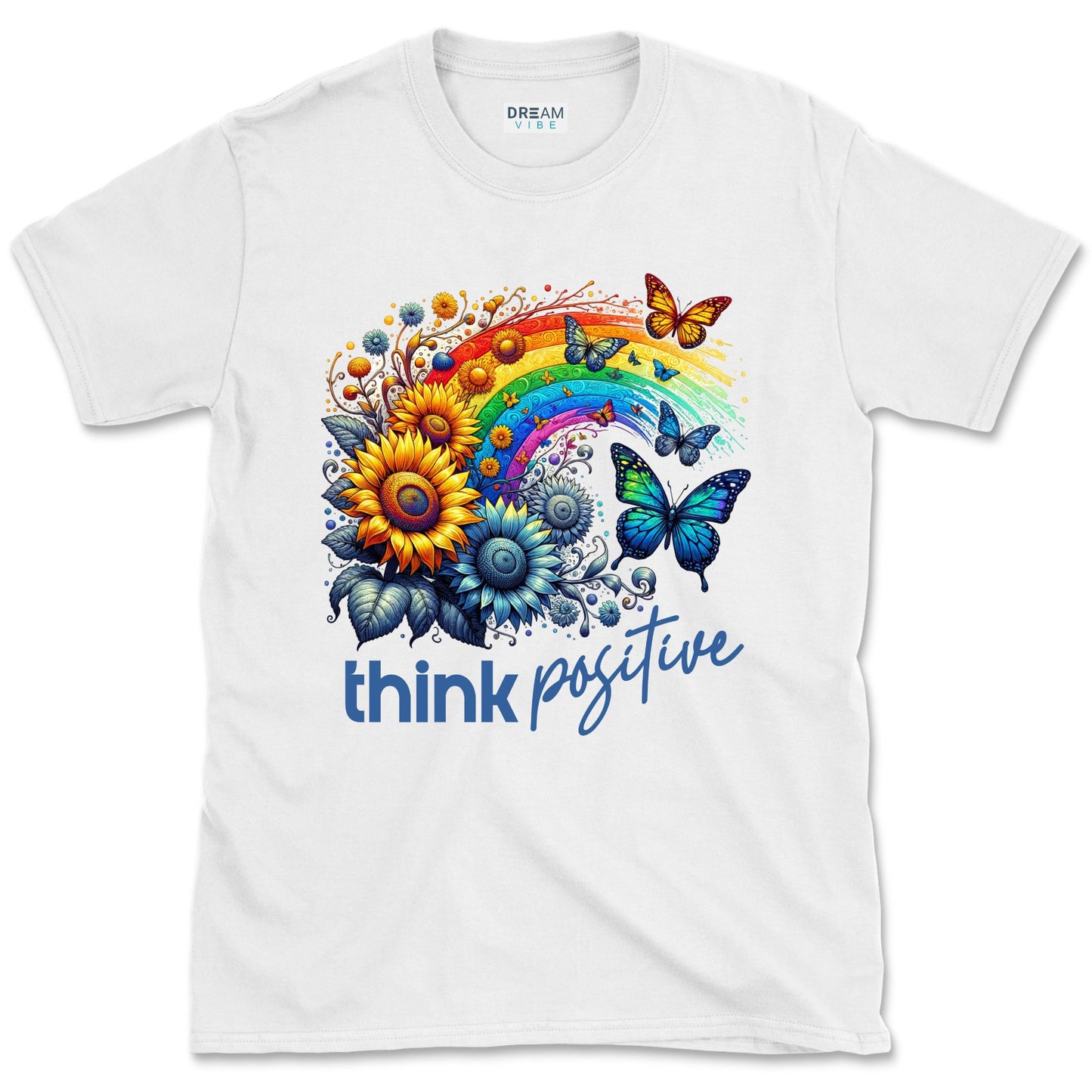Think Positive T-Shirt Vintage Rainbow With Flowers And Buterflies