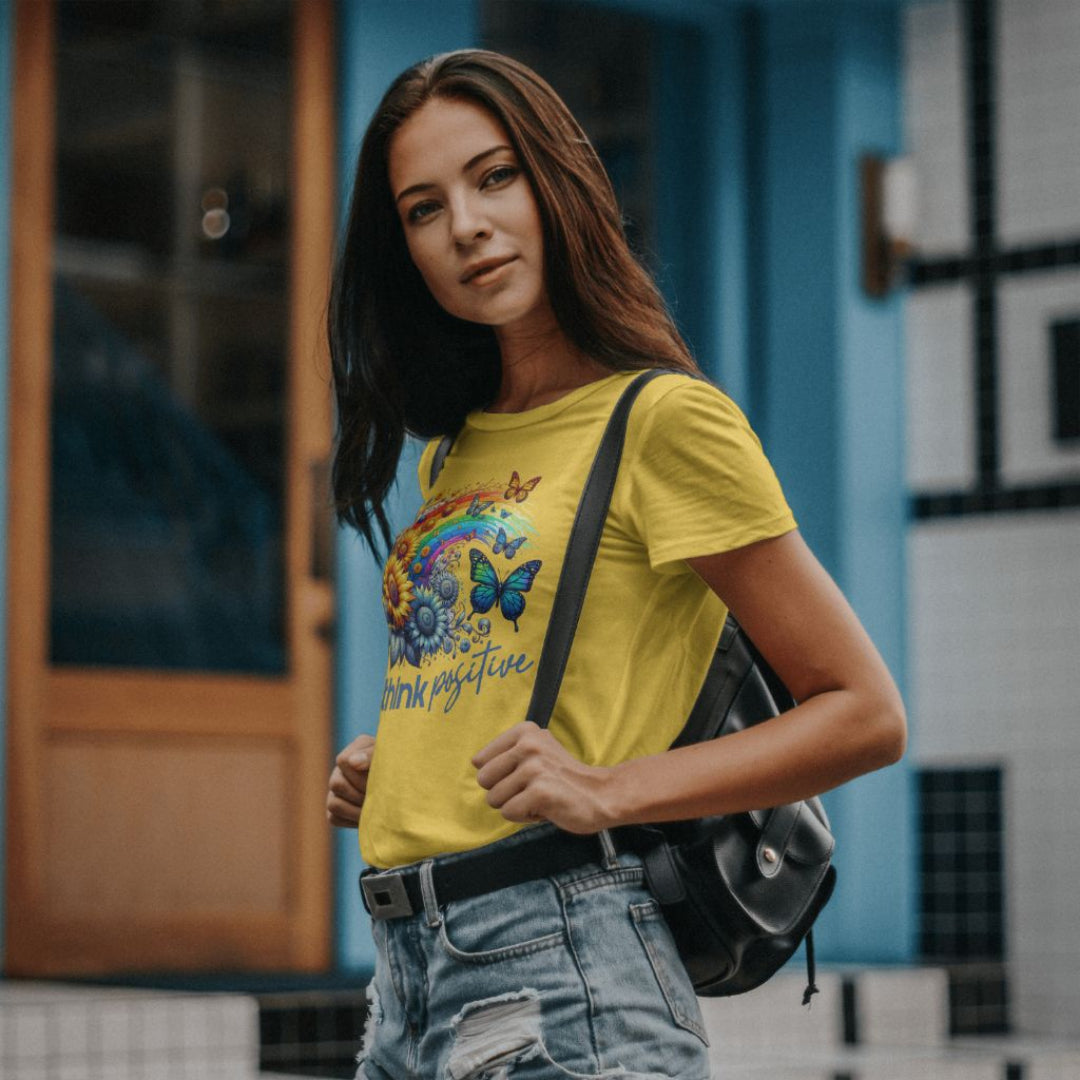 Think Positive T-Shirt Vintage Rainbow With Flowers And Buterflies