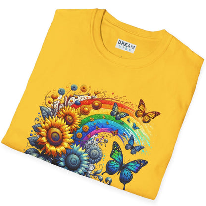 Think Positive T-Shirt Vintage Rainbow With Flowers And Buterflies