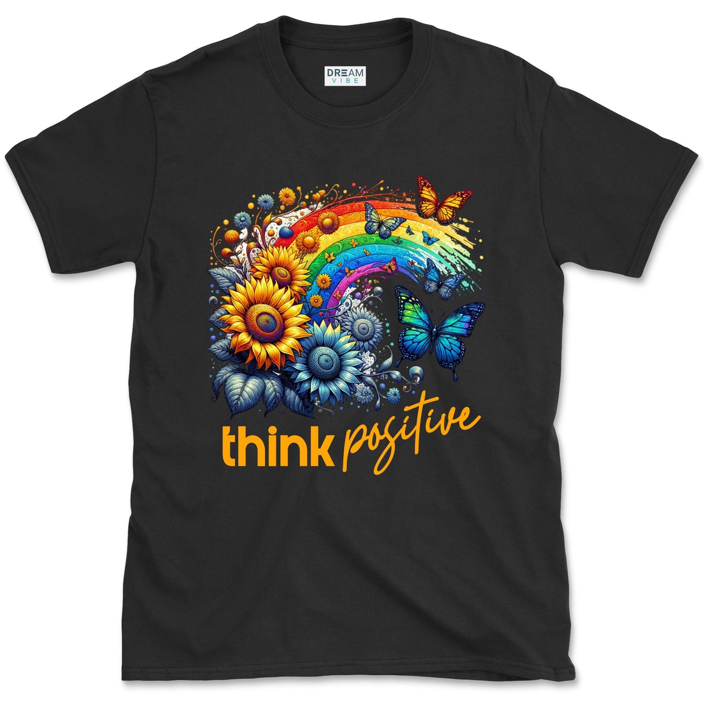 Think Positive T-Shirt Vintage Rainbow With Flowers And Buterflies