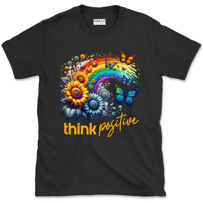 Think Positive T-Shirt Vintage Rainbow With Flowers And Buterflies