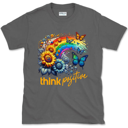Think Positive T-Shirt Vintage Rainbow With Flowers And Buterflies