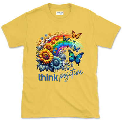 Think Positive T-Shirt Vintage Rainbow With Flowers And Buterflies