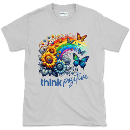 Think Positive T-Shirt Vintage Rainbow With Flowers And Buterflies