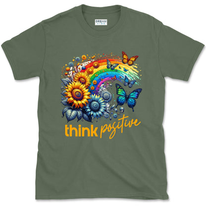 Think Positive T-Shirt Vintage Rainbow With Flowers And Buterflies