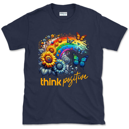 Think Positive T-Shirt Vintage Rainbow With Flowers And Buterflies