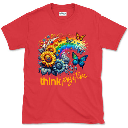 Think Positive T-Shirt Vintage Rainbow With Flowers And Buterflies