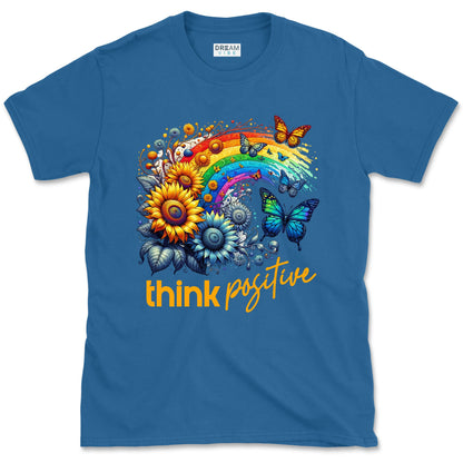 Think Positive T-Shirt Vintage Rainbow With Flowers And Buterflies