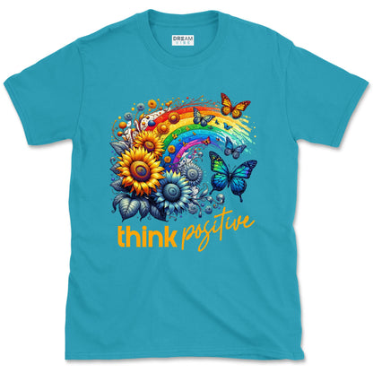 Think Positive T-Shirt Vintage Rainbow With Flowers And Buterflies