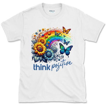 Think Positive T-Shirt Vintage Rainbow With Flowers And Buterflies