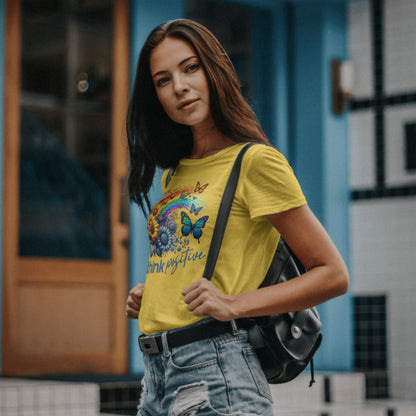 Think Positive T-Shirt Vintage Rainbow With Flowers And Buterflies