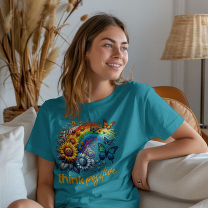 Think Positive T-Shirt Vintage Rainbow With Flowers And Buterflies