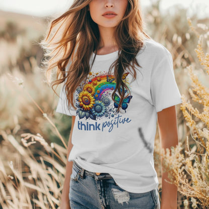 Think Positive T-Shirt Vintage Rainbow With Flowers And Buterflies