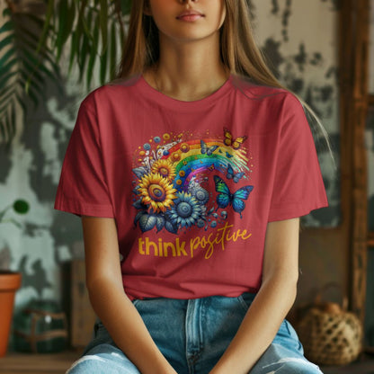 Think Positive T-Shirt Vintage Rainbow With Flowers And Buterflies